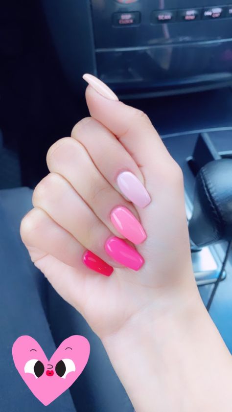 Pink Nails With Rainbow, Pink Nails Multicolor, Pink Nails Multiple Shades, Different Color Nails Pink, Valentines Nails Solid Color, Red Multi Colored Nails, Valentines Day Nails Multicolor, Multicolored Pink Nails, Multi Colored Pink Nails