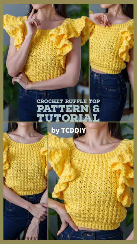 Let's crochet this here! Our step by step video tutorial will give you every step you need to make this in just a few day! Enjoy! 💖 Be sure to join us on YouTube, Instagram and check out my Etsy @TCDDIY Ruffle Sleeve Top Pattern, Ruffle Top Pattern, Crochet A Crop Top, Crochet Ruffle Top, Crochet Top Tutorial, Sleeve Crochet Top, Diy Crochet Top, Bell Sleeve Crop Top, Crochet Crop Top Pattern