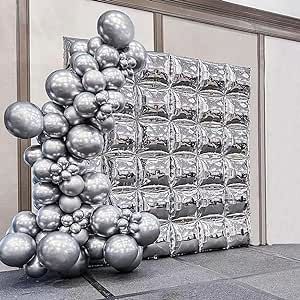 Foil Balloon Backdrop Ideas, Foil Balloon Arch, Mylar Balloon Arch, Silver Balloon Wall, Foil Balloon Wall, Balloon Tunnel, Silver Balloon Garland, Mirror Photobooth, Diy Fotokabine