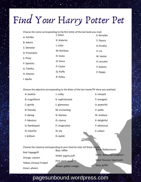 This year in Care of Magical Creatures, you’ll be entrusted with taking care of your own creature!  To find out which one you will be assigned, please refer to the chart below.   A fun game to find out what magical Harry Potter creature would be your pet at Hogwarts.  #harrypotter #bookblogger #hogwarts #books Harry Potter Interactive Post, Care Of Magical Creatures Classroom, Harry Potter Name Generator, Hogwarts Books, Harry Potter Magical Creatures, Magical Creatures Harry Potter, Harry Potter Weekend, Harry Potter Classes, Harry Potter Library