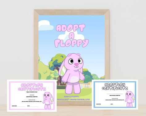 Adopt a Floppy makes a great addition to any Bluey Party! Pair with the perfect stuffed animals to make a showstopping party favor!  Include: - Floppy Poster (Letter Size Print) - Two Pink Certificates (Letter Size Print) - Two Blue Certificates (Letter Size Print)  Can be printed as many times as needed! YOU WILL RECEIVE: 3 Files in PDF Format ♡ HOW IT WORKS: Once your payment is confirmed, your download will be available through your confirmation email from Etsy or at https://www.etsy.com/your Adopt A Floppy, Bluey Party, Second Birthday Ideas, 2nd Birthday Party Themes, Art Birthday Party, First Birthday Party Themes, Bday Girl, Blue Birthday, Dog Party