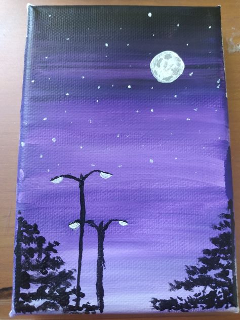 Purple And Black Painting Ideas, Purple And Blue Sunset Painting, Monochromatic Drawing Easy, Night Time Paintings Easy, Purple Sunset Painting Easy, Night Sky Drawing Easy, Purple Night Sky Painting, Dark Sunset Painting, Paintings With Purple