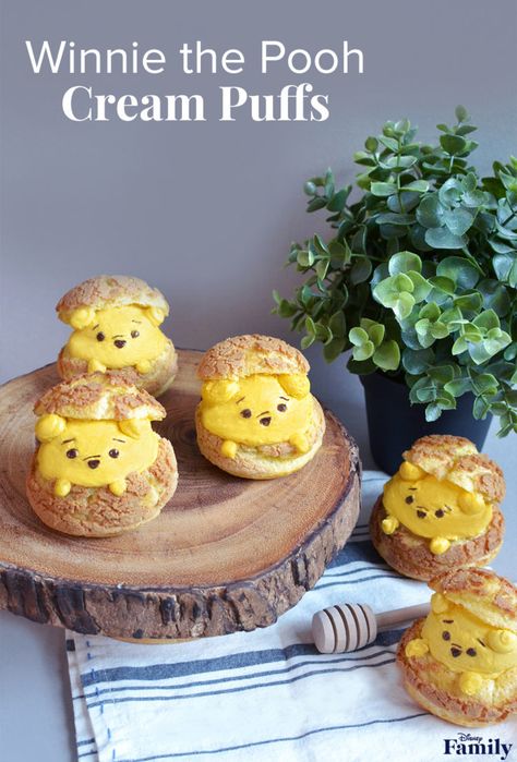 These Winnie the Pooh Cream Puffs Are As Sweet As Hunny Mini Patisserie, Honey Whipped Cream, Disney Baking, Desserts Cheesecake, Choux Cream, Kid Cakes, Cupcakes Decorating, Fruit Carvings, Disney Inspired Food