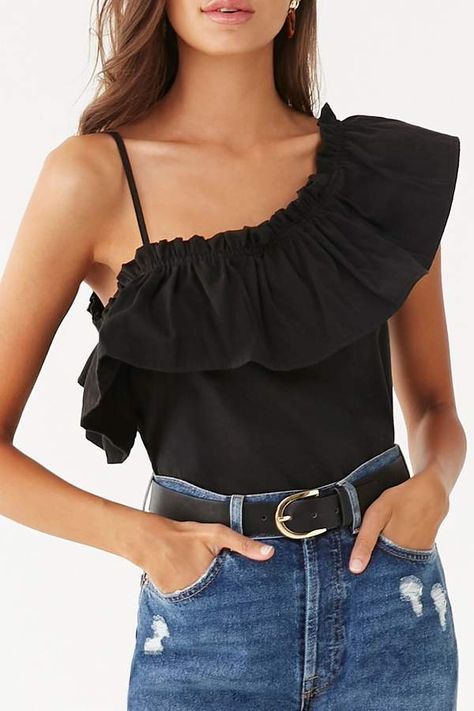 One Shoulder Ruffle Top, Lacey Tops, Small Crop Tops, Leopard Print Top, Long Sleeve Blouse Pattern, Ruffle Shirt, Forever21 Tops, One Shoulder Tops, Ruffle Top