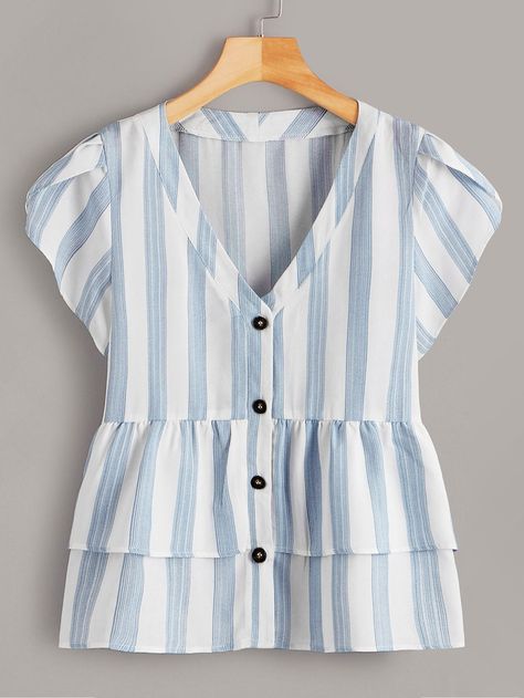 Striped Tiered Layer Blouse | SHEIN Stylish Sleeves, Preppy Tops, Layered Blouse, Petal Sleeve, Trendy Fashion Tops, Plus Size Blouses, Mode Style, Fashion Tops, Best Seller