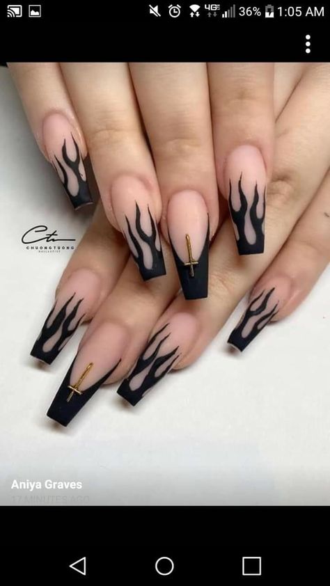 Fire Acrylic Nails Art Designs, Gothic Acrylic Nail Designs, Rap Nails, G59 Nails, Black Spring Nails, Flame Nail Art, Punk Nails, Gothic Nails, Pretty Gel Nails