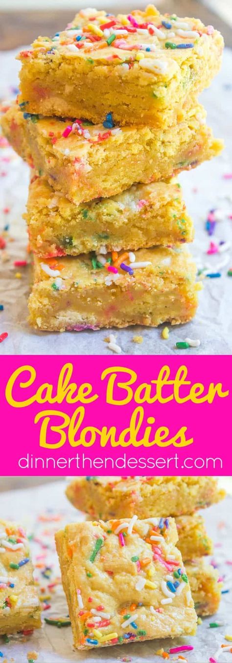 Cake Batter Blondies - Dinner, then Dessert Cake Batter Bars, Cake Batter Blondies, Blondie Cake, Cake Batter Fudge, Birthday Cake Brownies, Cake Batter Cookies, Birthday Cake Flavors, Blondies Recipe, Dessert Cake Recipes