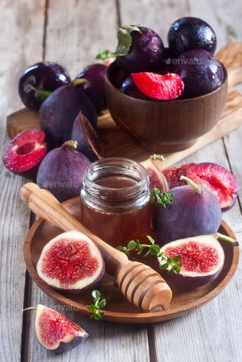 Figs, plums and honey by karaidel. Ripe purple figs, plums, thyme and homey on olive board. Selective focus. #AD #karaidel, #Ripe, #purple, #Figs Olive Board, Fig Recipes, Healthy Herbs, Plum Tree, Sweet Table, Lunch Recipes, Natural Organic, Thyme, Fresh Fruit