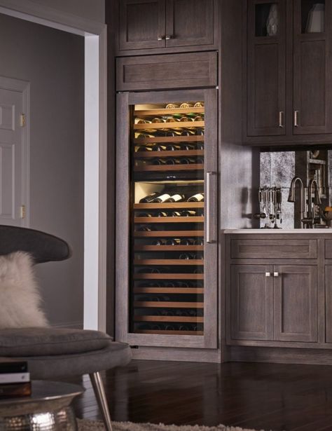 Subzero Wine Refrigerator, Kitchen Wine Fridge, Wine Fridge Cabinet, Storage Design Ideas, Spanish Style Kitchen, Built In Wine Cooler, Home Wine Cellars, Fridge Decor, Beverage Center