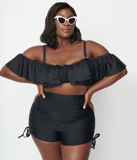 Unique Vintage Plus Size Black High Waist Belted Swim Bottom Two Piece Swimsuit With Shorts, Shorts Plus Size, Vintage Plus Size, Swimsuit With Shorts, Swimsuit Material, Plus Size Swim, Plus Size Black, Black High Waist, Swimsuits High Waisted