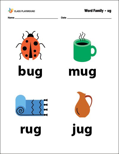 Word Family UG Ug Family Words, Aw Words, Bat Hat, Family Words, Ing Words, Word Family Worksheets, Family Worksheet, Phonics Words, Word Family