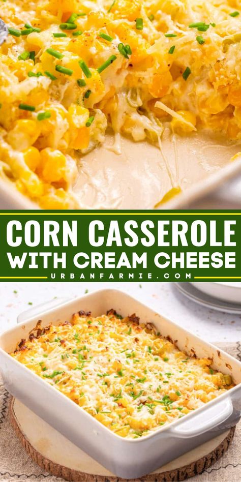 Your Easter dinner menu must have this cream cheese corn casserole recipe! You can use fresh corn, frozen corn, or canned corn. Creamy, cheesy, and full of flavor, this easy corn casserole with cream cheese is a kid-friendly side dish! Ww Corn Recipes, Mexican Corn Casserole With Yellow Rice, Best Corn Dishes, Corn Casserole With Corn Meal, Easy Cream Corn Casserole, Corn Casserole Vegan, Cheesy Cream Corn Casserole, Amish Corn Casserole, Gluten Free Cream Corn Casserole