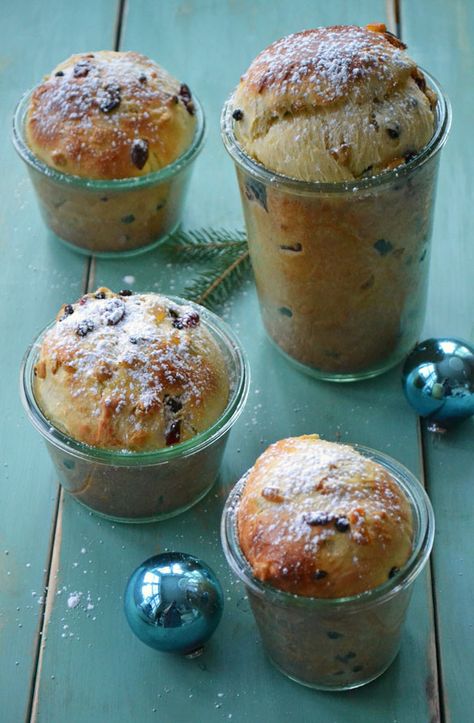 Panettone  ½ cup milk, warmed ½ cup sugar 1 pkg. (2 ¼ tsp.) active dry yeast 3 large eggs grated zest of an orange or lemon (optional) 3 cups all-purpose flour, plus extra if needed ½ tsp. salt ½ cup butter, at room temperature 1 ½ cups dried fruit: raisins, cranberries, candied citrus zest, currants, chopped dried apricots 1 egg, for brushing icing sugar, for dusting Dinner With Julie, Weck Jars Ideas, Savoury Finger Food Easy, Mini Panettone, Panettone Recipe, Weck Jars, Individual Cakes, Italian Christmas, Muffin Tins