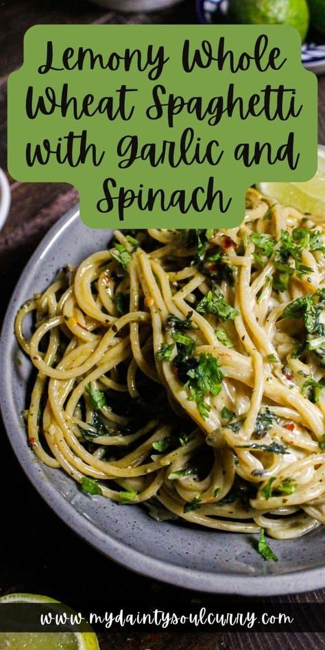 Bursting with citrusy flavors and creaminess, this lemony whole wheat spaghetti with garlic and spinach makes for a delicious weeknight meal. Healthy Whole Grain Pasta Recipes, Whole Wheat Pasta Recipe Healthy Easy, Whole Wheat Spaghetti Recipe, Whole Wheat Pasta Recipes, Wheat Pasta Recipes Healthy, Whole Wheat Pasta Recipe, Wheat Pasta Recipes, Macrobiotic Diet, Whole Wheat Noodles