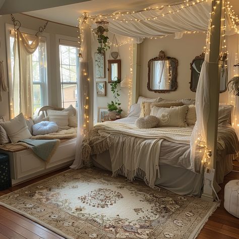 Cozy Bedroom Decor: A beautifully decorated bedroom featuring twinkling fairy lights, elegant bedding, and a warm, inviting ambiance. #bedroom #cozy #lights #interior #decor #aiart #aiphoto #stockcake ⬇️ Download and 📝 Prompt 👉 https://ayr.app/l/KVaj Gemini Bedroom, Sustainable Interior Design, Interior Design Principles, Popular Interior Design, Bedroom Decor Cozy, Elegant Bedding, Home Decor Baskets, Home Decor Color, Interiors Dream