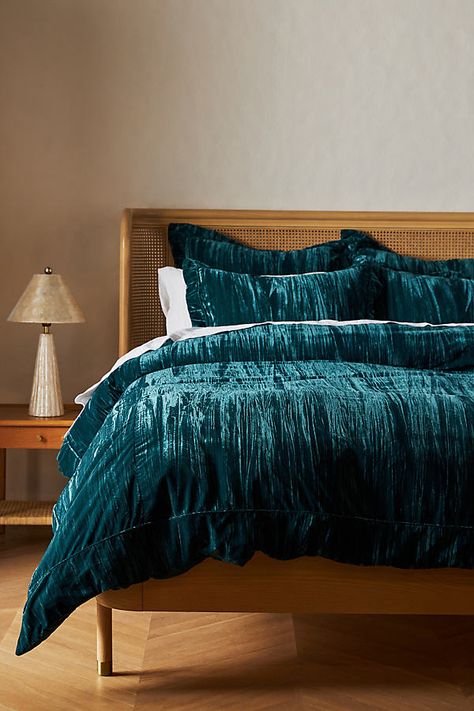 Rich crushed velvet makes this bedding collection a luxuriously soft and elegant addition to any bedroom. Looking for the sweetest of dreams? [Read our guide]( https://www.anthropologie.com/stories-home-bedding-101-guide) to find the perfect bedding for you, and learn how to care for it season after season. Jewel Tone Duvet Cover, Jewel Toned Bedding, Teal Bedding Ideas, Bedding 101, Teal Duvet, Teal Duvet Cover, Velvet Duvet Cover, Anthropologie Bedding, West Elm Bedding