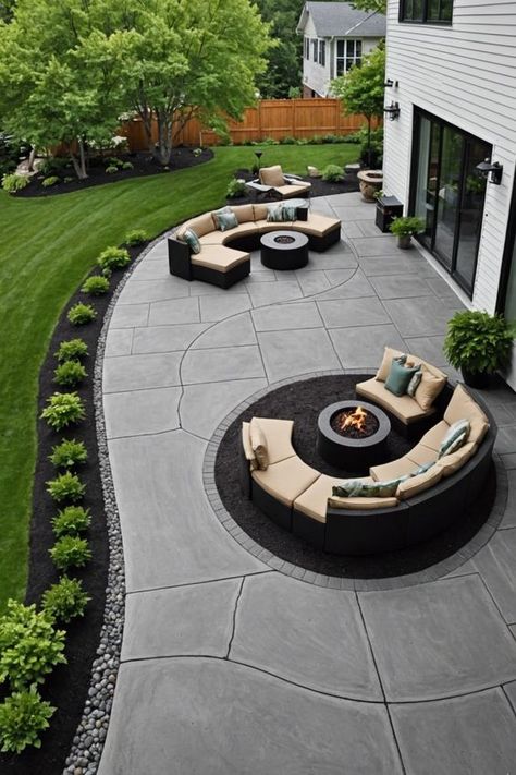 20 Curved Concrete Patio Ideas That Will Transform Your Backyard! From simple walkways to stunning outdoor living spaces, these curved concrete patio designs will inspire your next makeover. Get ready to create a backyard that's both functional and stylish! Click now to see all 20 ideas. Backyard With Concrete Patio, Outdoor Cement Patio Ideas, Backyard Concrete Patio Designs, Uncovered Patio Decorating Ideas, Cement Backyard Ideas, Round Patio Ideas, Concrete Patio Decorating Ideas, Curved Patio Ideas, Outdoor Concrete Patio Ideas