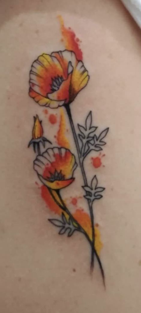 Red Orange Yellow Tattoo, Orange Colored Tattoo, Yellow Ink Tattoos, Yellow Tattoo, Marigold Tattoo, Orange Water, Tattoo Shading, Mini Tattoos, Color Tattoo