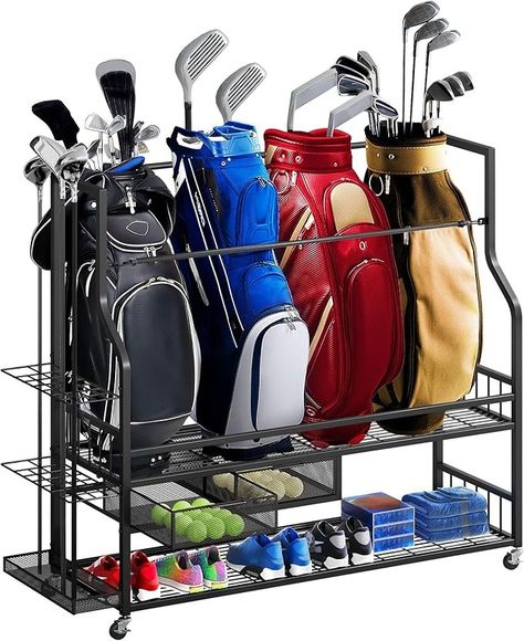 Amazon.com : DWVO 4 Golf Bag Organizer for Garage, Golf Storage Organizer w/Wheels for Garage Club and Shed, Golf Bag Storage Rack w/Drawer for Golf Bags, Clubs, Balls and Other Equipment Accessories : Sports & Outdoors Golf Bag Storage, Shed Black, Pool Stick Holder, Golf Storage, Garage Wall Organizer, Sport Rack, Pool Sticks, Garage Organize, Garage Storage Organization