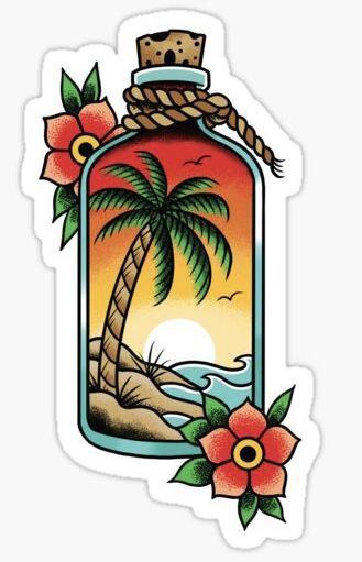 Bottle Traditional Tattoo, Traditional Tattoo Illustration, In A Bottle Tattoo, Traditional Tattoo Stickers, Beach In A Bottle, Traditional Tattoo Stencils, Tato Tradisional, Hawaii Tattoos, Island Tattoo