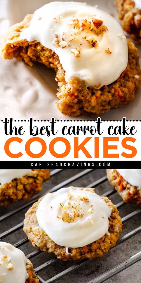 You'll want to have this holiday baking idea all year long! Soft and chewy with a rich and luscious cream cheese frosting, these are The BEST Carrot Cake Cookies. Prepare to be addicted to this Christmas cookie recipe! Carrot Cake Pudding Cookies, Desserts With Carrots, Vegan Carrot Cake Cookies, Carrot Cake Box Mix Cookies, Gluten Free Carrot Cake Cookies, New Years Deserts Ideas, Spring Cookie Flavors, Cookie Recipes Crumbl Cookie, Unique Baked Goods To Sell