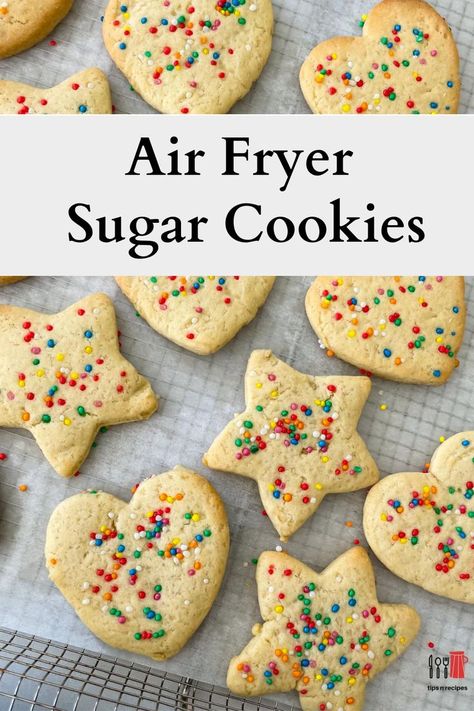 air fryer sugar cookies on the rack Airfryer Cookies, Cookies In Air Fryer, Dessert Recipes Easy Cookies, Simple Sugar Cookie Recipe, Air Fryer Tips, Nutella Cheesecake Recipes, Air Fryer Recipes Dessert, Cut Out Cookie Recipe, Sugar Cookie Recipe Easy