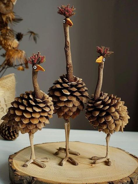 Pinecone Turkey Craft For Kids, Pine Cone Birds, Pine Cone Critters, Pinecone Angel Ornaments Diy, Pinecone Creatures, Pinecone Turkey Craft, Pine Cone Turkey, Pinecone Birds, Pinecone Animals