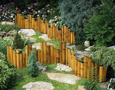 New Genuine Bamboo Garden Border Edging Flower Beds Bamboo Edging Ideas, Diy Bamboo Garden Edging, Bamboo Border Design, Bamboo Rock Garden, Bamboo Garden Fence, Bamboo Raised Bed, Bamboo Wall Garden Fence, Bamboo Edging, Bamboo Scaffolding