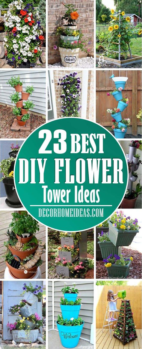 Best DIY Flower Tower Ideas. Spruce up your garden with these flower towers that are easy to do. #diy #garden #flowertower #decorhomeideas Diy Flower Tower, Flower Tower Ideas, Flower Pot Tower, Stacked Flower Pots, Fairy Garden Flowers, Recycled Garden Art, Tiered Planter, Flower Tower, Diy Flower Pots