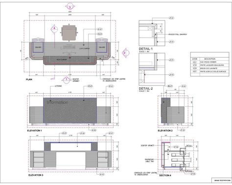 Library reception desk plan- sections- elevation and typical details for clear understanding and finishes details. Library Reception Desk, Reception Desk Layout, Reception Desk Drawing, Desks Organization, Office Organization At Work Desks, Reception Desk Plans, Library Reception, Reception Counter Design, Diy Desks