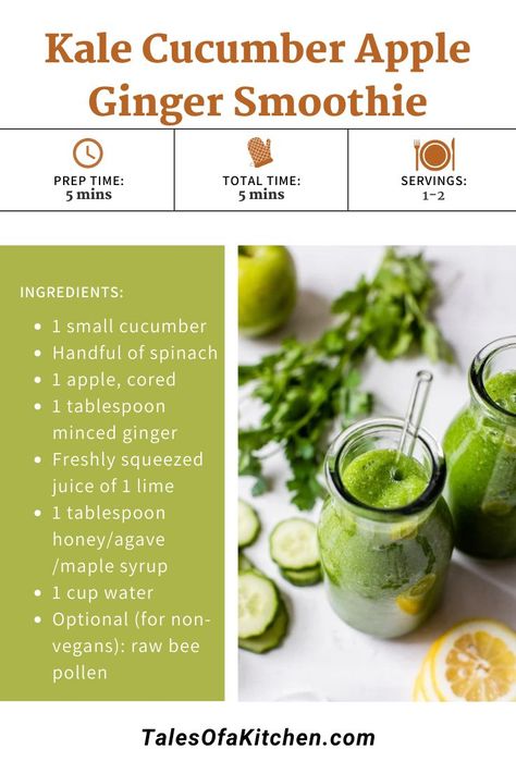 Kale Cucumber Apple Ginger Smoothie Apple Ginger Smoothie, Cucumber Smoothie, Small Cucumber, Ginger Smoothie, Smoothie Prep, Bee Pollen, Super Greens, Smoothie Drinks, 2 Ingredients