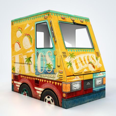 Cardboard play taco truck for kids! |OTO Cardboard Play, Cardboard Playhouse, Hipster Kid, Cardboard Car, Cardboard Cat, How To Make Taco, Brooklyn Brownstone, Taco Truck, Diy Cat Toys