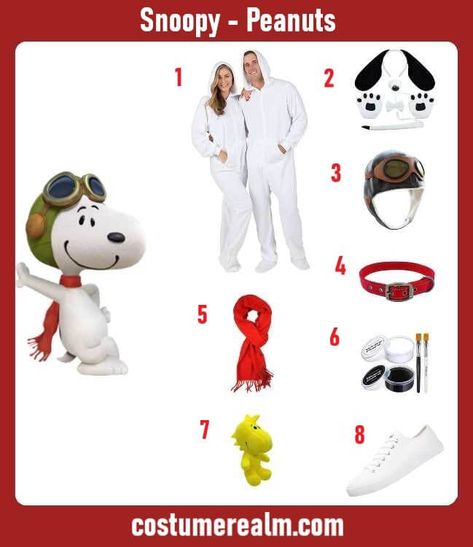 Dress Like Snoopy Costume Guide For Halloween &Cosplay Snoopy Red Baron Costume, Snoopy Costume Womens, Snoopy Costume Diy, Snoopy Halloween Costume, Snoopy Costume, Dog Costumes For Kids, Peanut Costume, Snoopy Happy Dance, Outfits Guide