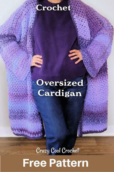 Free pattern AND video tutorial for this cozy crochet oversized cardigan. Works up fast using a #5 buly yarn. COOL CROCHET BUTTONS on the sleeves! #crochetcardigan #crochetoversizedcardigan #crochetfastcardigan #crochetoversizedcardiganfreepattern #crochetcardiganfreepattern #crocheteasycardigan #crochetfreepatterns #crazycoolcrochet Crochet Cardigan Bulky Yarn, Crochet Cardigan Beginner, Plus Size Crochet Cardigan Pattern Free, Simple Crochet Cardigan Pattern Free, Crochet Oversized Cardigan Pattern Free, Dk Yarn Crochet Patterns Free, Crochet Cardigan Pattern Free Women Easy, Oversized Cardigan Crochet Pattern, Easy Crochet Cardigan Pattern Free