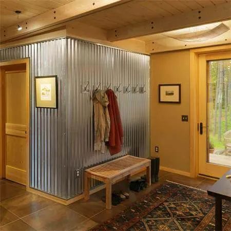 Sheet Metal Wall, Corrugated Metal Wall, Contemporary Cabin, Corrugated Tin, Mobile Home Living, Remodeling Mobile Homes, Basement Walls, Corrugated Metal, Farmhouse Bathroom Decor