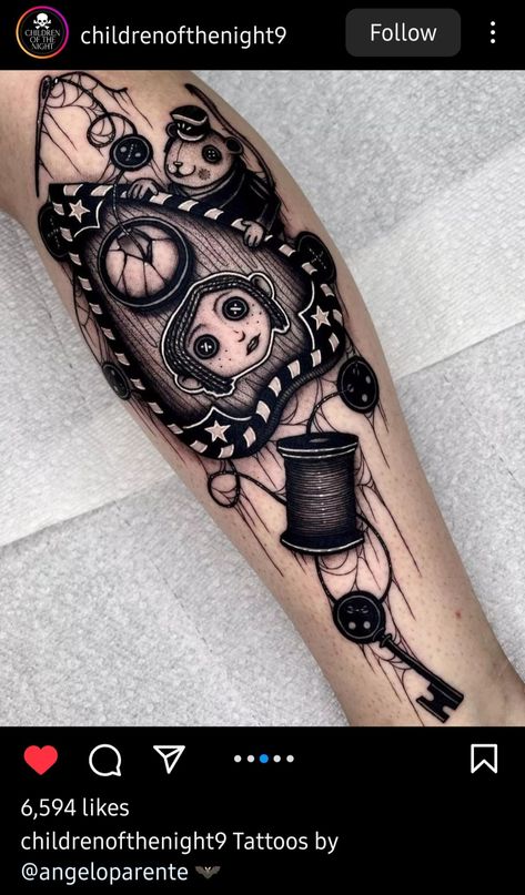 Tattoo Sleeve Themes, Cute Halloween Tattoos, Halloween Tattoo Ideas, Coraline Tattoo, Halloween Tattoos Sleeve, Tim Burton Tattoo, Potter Tattoo, Tattoos Sleeve, Movie Tattoos