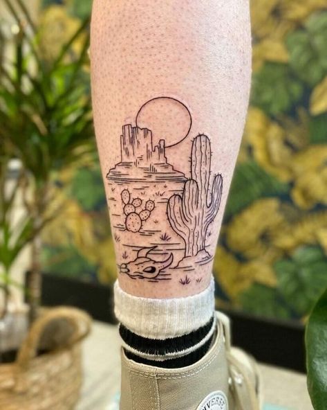 Desert Wrist Tattoo, Cactus With Hat Tattoo, Cactus Leg Tattoo, Guadalajara Tattoo Ideas, Arizona Tattoo Sleeve, Desert Theme Sleeve Tattoo, Cactus Garden Tattoo, Desert Plants Tattoo, Fine Line Saguaro Tattoo