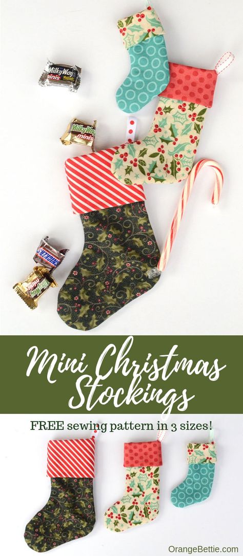 Mini Christmas stocking in 3 sizes - Free sewing pattern - Orange Bettie Mini Christmas Stockings Pattern, Mini Christmas Stockings Diy, Small Christmas Stocking Pattern Free, Christmas Fat Quarter Projects, Small Stocking Pattern, Christmas Pillows Diy Sewing Projects, Mini Stocking Pattern, Christmas Stocking Sewing Pattern, Christmas Stocking Template