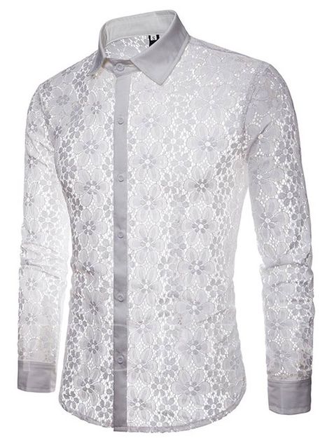 Hollow See-Through Lace Slim Men's Shirt White And Black Party, Prom For Guys, White Lace Shirt, Event Shirts, Black Men Fashion Swag, Velvet Shorts, Sheer Shirt, Club Shirts, Black Men Fashion