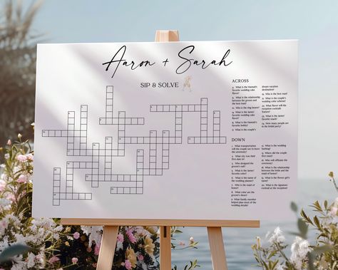 Custom Wedding Crossword Puzzle Sip & Solve Game. Featuring a minimalist, boho-inspired font, this elegant and opulent crossword game fits a variety of wedding themes, including rustic, modern, and vintage weddings. Available in custom sizes to suit your needs. WHAT WILL I RECEIVE? You will receive a CUSTOM DIGITAL WEDDING CROSSWORD in PDF format & the Answer Key WITHIN 12-24 HRS. HOW DOES IT WORK? After purchase, send us the following personalization details: 1. Title names (e.g., James & Hanna Sip And Solve Wedding Crossword, Crossword Wedding, Sip And Solve, Title Names, Wedding Crossword Puzzle, Printable Wedding Games, Guest Entertainment, Wedding Games For Guests, Wedding Puzzle