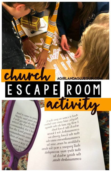 Church Activity-Escape Room! - A girl and a glue gun Lds Scripture Escape Room, Group Night Ideas, Back To School Yw Activities, Lds Escape Room Activity Free, Book Of Mormon Escape Room, Escape Room Bible Theme, Church Escape Room Ideas, Church Scavenger Hunt Youth Groups, Activities For Youth Groups Church