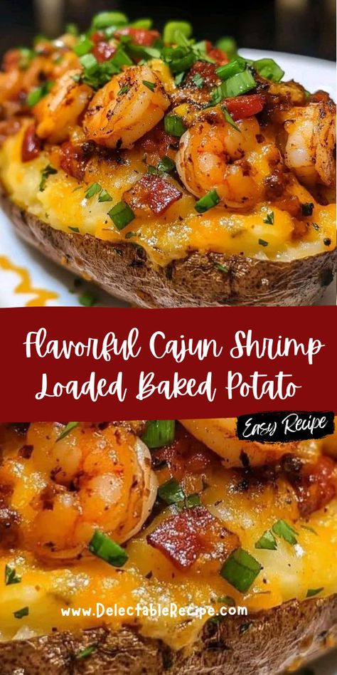 Shrimp Baked Potato Recipe, Fluffy Baked Potatoes, Baked Potato Dinner, Pescetarian Recipes, Potato Dinner, Loaded Baked Potato, Baked Potato Recipes, Baked Shrimp, Loaded Baked Potatoes