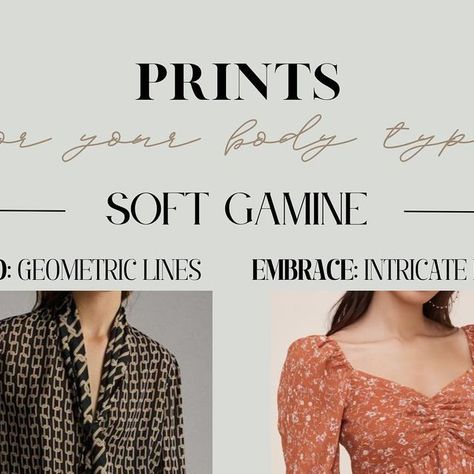 Dora | Image & Style | Color Analysis & Kibbe Body Types on Instagram: "Save this for choosing your best PRINTS for fashion and accessories if your Body Typology is SOFT GAMINE ♥️  Which prints do you love to wear?   🤍  #prints #softgamine #styleblogger #kibbebodytypes #kibbe #fashionstyle #biohackyourbeauty" Soft Gamine Celebrities, Soft Gamine Body Type, Soft Gamine Style, Soft Gamine Kibbe, Soft Gamine Outfits, Gamine Essence, Dramatic Gamine, Kibbe Body Types, Gamine Outfits