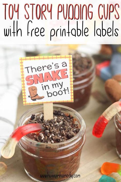 This Snake in My Boot dessert is perfect for your Toy Story party! And if you're looking for Toy Story party food, you'll find tons of great Toy story birthday party food ideas, too! After looking through all the Toy Story party ideas, you can also get some Toy Story party printables free. This snake in my boot pudding is great for a Woody birthday party and is one of the best Woody party ideas! #ToyStory #Wood #Snakeinmyboot Snake In My Boot Dessert, Toy Story Snacks, Toy Story Snack Ideas, Toy Story Desserts, Disney Nights, Disney Camp, To The Infinity And Beyond, Toy Story Party Food, Pudding Cup Recipes