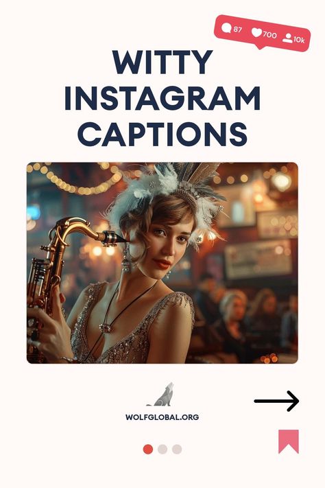 Promotional graphic with text "Witty Instagram Captions" featuring a woman holding a saxophone.
An infographic with cheeky personal traits checklist and a "Get 100+ More" button.
Woman with laptop, social media engagement advertisement with graphics and likes. Insta Captions For Candid Pics, Witty Captions, Witty Instagram Captions, Feed Goals, Clever Captions, Instagram Feeds, We Go Together, Page Turner, Rooftops