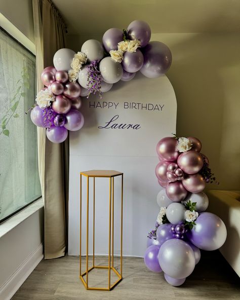 Elegance meets lavender dreams 💜 Elevate your events by booking our decoration services! #balloongarland #birthdaypartydecor Lavender White And Silver Party Decor, Lavender Birthday Party Ideas, Lavender Theme Birthday Party, Debut Theme Ideas 18th Simple, Debut Theme Ideas, Purple Birthday Decorations, Lavender Balloons, Grandmas Birthday, 30th Birthday Balloons