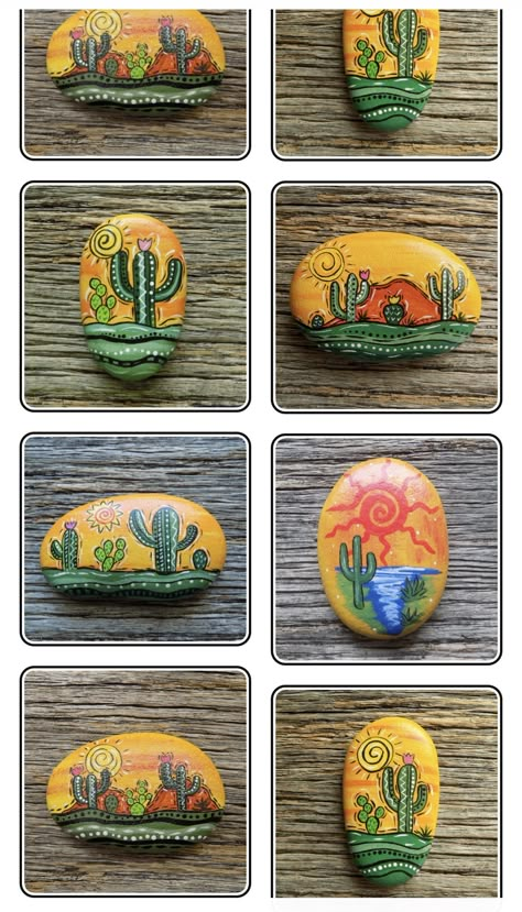 Cactus Rock Painting Ideas, Desert Painted Rocks, Mexican Paintings Ideas Easy, Cactus Rocks Painted, Mexican Folk Art Decor, Rock Cactus, Painted Rock Cactus, Cactus Paintings, Garden Rock Art