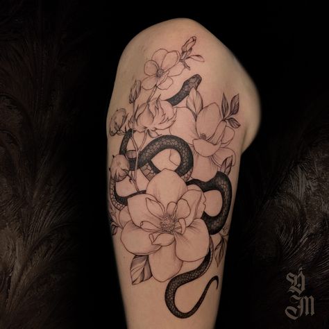 Magnolia Snake Tattoo, Snake And Magnolia Tattoo, Japanese Magnolia Tattoo, Apple Blossom Tattoo, Magnolia Tattoos, Apple Blossom Tattoos, Japanese Magnolia, Magnolia Tattoo, Knife Tattoo