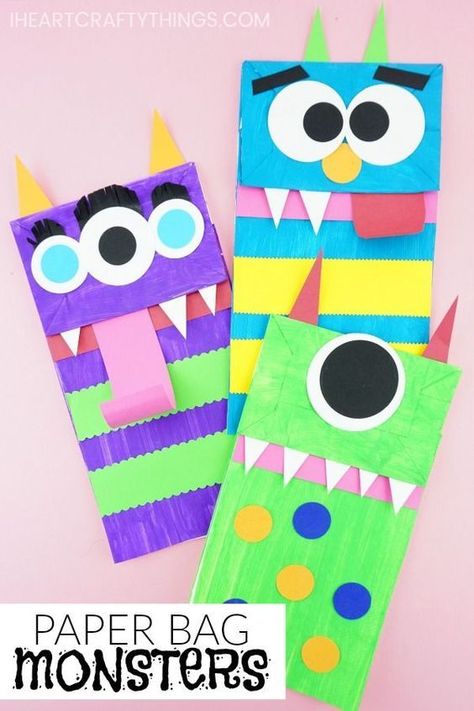 Paper Bag Monsters, Monster Puppet, Fun Diy Craft Projects, Paper Bag Crafts, Paper Bag Puppets, Monster Crafts, Fun Halloween Crafts, Halloween Craft, Halloween Crafts For Kids