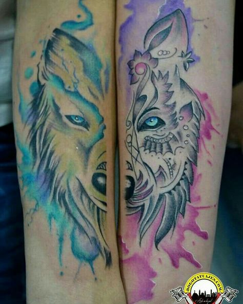 Wolf Matching Wolf Tattoos, Couples Wolf Tattoos, Pair Tattoos, Him And Her Tattoos, Partner Tattoos, Tattoos Couples, Friends Tattoo, Tattoo Wolf, Cute Couple Tattoos